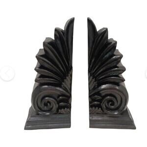 Exotic Black Wood Scroll Fleur Bookends Set Pair 1990s Glam Traditional Luxe 90s